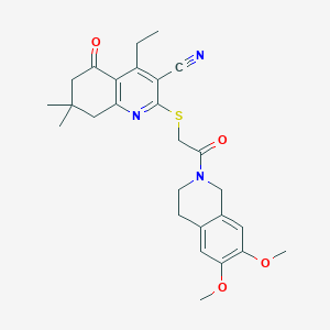 molecular formula C27H31N3O4S B2646795 2-((2-(6,7-dimethoxy-3,4-dihydroisoquinolin-2(1H)-yl)-2-oxoethyl)thio)-4-ethyl-7,7-dimethyl-5-oxo-5,6,7,8-tetrahydroquinoline-3-carbonitrile CAS No. 671200-44-5