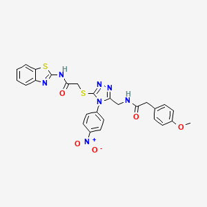 molecular formula C27H23N7O5S2 B2646922 N-(1,3-benzothiazol-2-yl)-2-[(5-{[2-(4-methoxyphenyl)acetamido]methyl}-4-(4-nitrophenyl)-4H-1,2,4-triazol-3-yl)sulfanyl]acetamide CAS No. 389071-84-5
