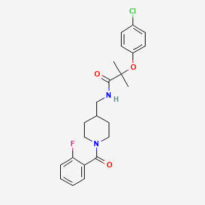 molecular formula C23H26ClFN2O3 B2647053 2-(4-chlorophenoxy)-N-((1-(2-fluorobenzoyl)piperidin-4-yl)methyl)-2-methylpropanamide CAS No. 1235388-91-6