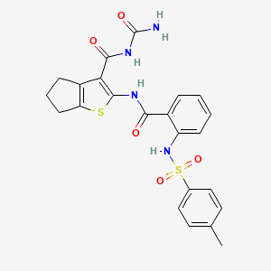 molecular formula C23H22N4O5S2 B2647072 N-carbamoyl-2-(2-(4-methylphenylsulfonamido)benzamido)-5,6-dihydro-4H-cyclopenta[b]thiophene-3-carboxamide CAS No. 893108-65-1