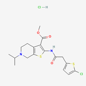 molecular formula C18H22Cl2N2O3S2 B2647196 Methyl 2-(2-(5-chlorothiophen-2-yl)acetamido)-6-isopropyl-4,5,6,7-tetrahydrothieno[2,3-c]pyridine-3-carboxylate hydrochloride CAS No. 1329860-53-8