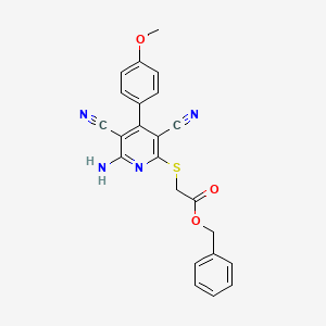 molecular formula C23H18N4O3S B2647322 Benzyl {[6-amino-3,5-dicyano-4-(4-methoxyphenyl)pyridin-2-yl]sulfanyl}acetate CAS No. 333960-78-4