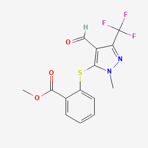 molecular formula C14H11F3N2O3S B2647393 Methyl 2-{[4-formyl-1-methyl-3-(trifluoromethyl)-1H-pyrazol-5-yl]sulfanyl}benzenecarboxylate CAS No. 321553-50-8