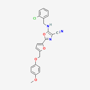 molecular formula C23H18ClN3O4 B2647595 5-{[(2-chlorophenyl)methyl]amino}-2-{5-[(4-methoxyphenoxy)methyl]furan-2-yl}-1,3-oxazole-4-carbonitrile CAS No. 941882-06-0