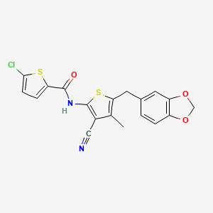 molecular formula C19H13ClN2O3S2 B2647986 N-(5-(benzo[d][1,3]dioxol-5-ylmethyl)-3-cyano-4-methylthiophen-2-yl)-5-chlorothiophene-2-carboxamide CAS No. 476367-83-6