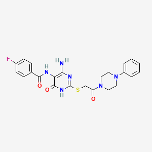 molecular formula C23H23FN6O3S B2648077 N-(4-amino-6-oxo-2-((2-oxo-2-(4-phenylpiperazin-1-yl)ethyl)thio)-1,6-dihydropyrimidin-5-yl)-4-fluorobenzamide CAS No. 872597-05-2