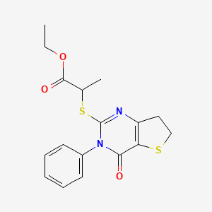 molecular formula C17H18N2O3S2 B2648229 Ethyl 2-((4-oxo-3-phenyl-3,4,6,7-tetrahydrothieno[3,2-d]pyrimidin-2-yl)thio)propanoate CAS No. 686770-98-9