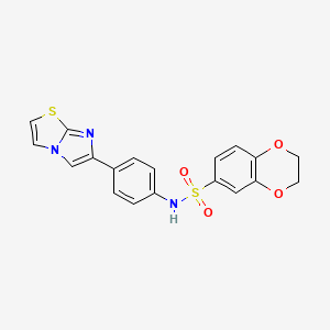 molecular formula C19H15N3O4S2 B2648497 N-(4-{imidazo[2,1-b][1,3]thiazol-6-yl}phenyl)-2,3-dihydro-1,4-benzodioxine-6-sulfonamide CAS No. 745022-67-7