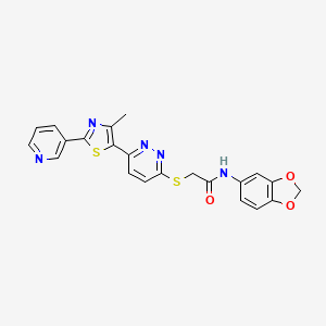 molecular formula C22H17N5O3S2 B2648616 N-(2H-1,3-benzodioxol-5-yl)-2-({6-[4-methyl-2-(pyridin-3-yl)-1,3-thiazol-5-yl]pyridazin-3-yl}sulfanyl)acetamide CAS No. 954698-58-9