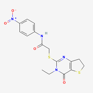 molecular formula C16H16N4O4S2 B2648680 2-({3-ethyl-4-oxo-3H,4H,6H,7H-thieno[3,2-d]pyrimidin-2-yl}sulfanyl)-N-(4-nitrophenyl)acetamide CAS No. 869076-58-4
