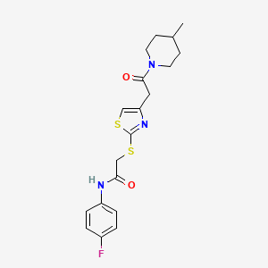molecular formula C19H22FN3O2S2 B2648727 N-(4-fluorophenyl)-2-((4-(2-(4-methylpiperidin-1-yl)-2-oxoethyl)thiazol-2-yl)thio)acetamide CAS No. 941980-56-9
