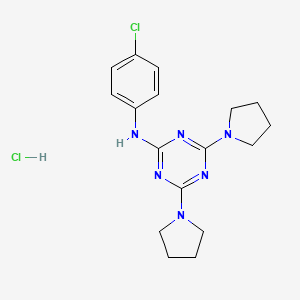 molecular formula C17H22Cl2N6 B2648854 N-(4-chlorophenyl)-4,6-bis(pyrrolidin-1-yl)-1,3,5-triazin-2-amine hydrochloride CAS No. 1179479-34-5