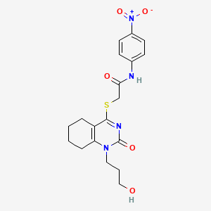 2-((1-(3-hydroxypropyl)-2-oxo-1,2,5,6,7,8-hexahydroquinazolin-4-yl)thio)-N-(4-nitrophenyl)acetamide