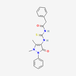 molecular formula C20H20N4O2S B2648925 N-(((2,3-Dimethyl-5-oxo-1-phenyl(3-pyrazolin-4-YL))amino)thioxomethyl)-2-phenylethanamide CAS No. 313959-18-1