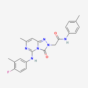 molecular formula C22H21FN6O2 B2649346 2-{5-[(4-fluoro-3-methylphenyl)amino]-7-methyl-3-oxo-2H,3H-[1,2,4]triazolo[4,3-c]pyrimidin-2-yl}-N-(4-methylphenyl)acetamide CAS No. 1251631-38-5