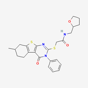 molecular formula C24H27N3O3S2 B2649425 2-({11-methyl-3-oxo-4-phenyl-8-thia-4,6-diazatricyclo[7.4.0.0^{2,7}]trideca-1(9),2(7),5-trien-5-yl}sulfanyl)-N-[(oxolan-2-yl)methyl]acetamide CAS No. 670273-24-2