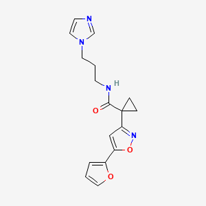 molecular formula C17H18N4O3 B2649476 N-(3-(1H-imidazol-1-yl)propyl)-1-(5-(furan-2-yl)isoxazol-3-yl)cyclopropanecarboxamide CAS No. 1286697-55-9