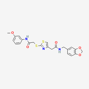 molecular formula C22H21N3O5S2 B2649484 N-(benzo[d][1,3]dioxol-5-ylmethyl)-2-(2-((2-((3-methoxyphenyl)amino)-2-oxoethyl)thio)thiazol-4-yl)acetamide CAS No. 941961-42-8