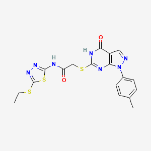 molecular formula C18H17N7O2S3 B2649566 N-(5-(ethylthio)-1,3,4-thiadiazol-2-yl)-2-((4-oxo-1-(p-tolyl)-4,5-dihydro-1H-pyrazolo[3,4-d]pyrimidin-6-yl)thio)acetamide CAS No. 851124-67-9