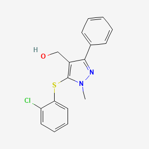 molecular formula C17H15ClN2OS B2649582 {5-[(2-chlorophenyl)sulfanyl]-1-methyl-3-phenyl-1H-pyrazol-4-yl}methanol CAS No. 318247-54-0