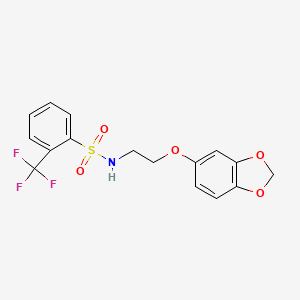 molecular formula C16H14F3NO5S B2649619 N-(2-(benzo[d][1,3]dioxol-5-yloxy)ethyl)-2-(trifluoromethyl)benzenesulfonamide CAS No. 1105205-31-9
