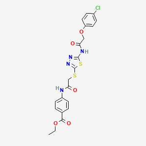 molecular formula C21H19ClN4O5S2 B2649632 Ethyl 4-({[(5-{[(4-chlorophenoxy)acetyl]amino}-1,3,4-thiadiazol-2-yl)sulfanyl]acetyl}amino)benzoate CAS No. 389072-49-5