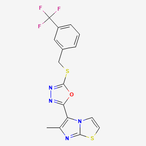 molecular formula C16H11F3N4OS2 B2649672 2-{6-methylimidazo[2,1-b][1,3]thiazol-5-yl}-5-({[3-(trifluoromethyl)phenyl]methyl}sulfanyl)-1,3,4-oxadiazole CAS No. 339103-29-6