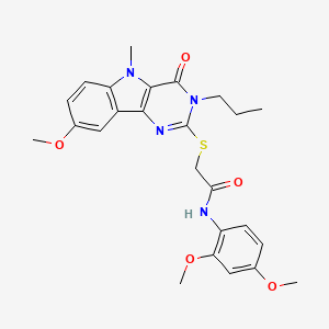 molecular formula C25H28N4O5S B2649764 N-(2,4-dimethoxyphenyl)-2-({8-methoxy-5-methyl-4-oxo-3-propyl-3H,4H,5H-pyrimido[5,4-b]indol-2-yl}sulfanyl)acetamide CAS No. 1112301-35-5