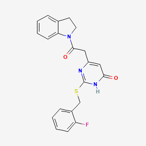 molecular formula C21H18FN3O2S B2649920 2-((2-fluorobenzyl)thio)-6-(2-(indolin-1-yl)-2-oxoethyl)pyrimidin-4(3H)-one CAS No. 1172425-72-7