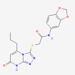 molecular formula C17H17N5O4S B2650001 N-(2H-1,3-benzodioxol-5-yl)-2-({7-oxo-5-propyl-7H,8H-[1,2,4]triazolo[4,3-a]pyrimidin-3-yl}sulfanyl)acetamide CAS No. 891122-92-2