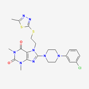 molecular formula C22H25ClN8O2S2 B2650107 8-[4-(3-Chlorophenyl)piperazin-1-yl]-1,3-dimethyl-7-[2-[(5-methyl-1,3,4-thiadiazol-2-yl)sulfanyl]ethyl]purine-2,6-dione CAS No. 850914-89-5
