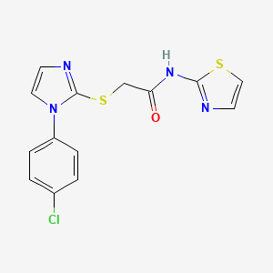 molecular formula C14H11ClN4OS2 B2650266 2-((1-(4-chlorophenyl)-1H-imidazol-2-yl)thio)-N-(thiazol-2-yl)acetamide CAS No. 688337-31-7