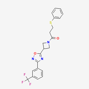 molecular formula C21H18F3N3O2S B2650278 3-(Phenylthio)-1-(3-(3-(3-(trifluoromethyl)phenyl)-1,2,4-oxadiazol-5-yl)azetidin-1-yl)propan-1-one CAS No. 1396852-05-3