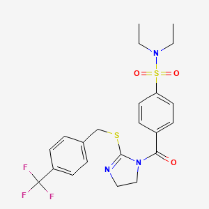 molecular formula C22H24F3N3O3S2 B2650302 N,N-二乙基-4-(2-((4-(三氟甲基)苄硫基)-4,5-二氢-1H-咪唑-1-羰基)苯磺酰胺 CAS No. 851806-49-0