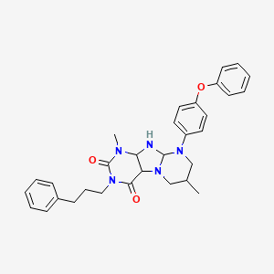 molecular formula C31H31N5O3 B2650333 1,7-dimethyl-9-(4-phenoxyphenyl)-3-(3-phenylpropyl)-1H,2H,3H,4H,6H,7H,8H,9H-pyrimido[1,2-g]purine-2,4-dione CAS No. 921147-78-6