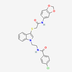 molecular formula C26H22ClN3O4S B2650352 N-[2-[3-[2-(1,3-benzodioxol-5-ylamino)-2-oxoethyl]sulfanylindol-1-yl]ethyl]-4-chlorobenzamide CAS No. 532972-52-4