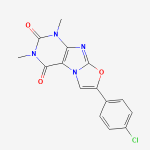 molecular formula C15H11ClN4O3 B2650424 Oxazolo[2,3-f]purine-2,4(1H,3H)-dione, 7-(4-chlorophenyl)-1,3-dimethyl- CAS No. 385376-16-9