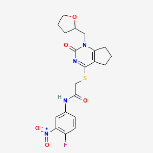 molecular formula C20H21FN4O5S B2650623 N-(4-fluoro-3-nitrophenyl)-2-((2-oxo-1-((tetrahydrofuran-2-yl)methyl)-2,5,6,7-tetrahydro-1H-cyclopenta[d]pyrimidin-4-yl)thio)acetamide CAS No. 899756-42-4