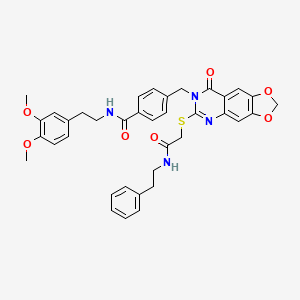 molecular formula C37H36N4O7S B2650728 N-[2-(3,4-dimethoxyphenyl)ethyl]-4-{[8-oxo-6-({[(2-phenylethyl)carbamoyl]methyl}sulfanyl)-2H,7H,8H-[1,3]dioxolo[4,5-g]quinazolin-7-yl]methyl}benzamide CAS No. 688062-42-2