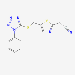 molecular formula C13H10N6S2 B2650841 2-(5-(((1-phenyl-1H-tetrazol-5-yl)thio)methyl)thiazol-2-yl)acetonitrile CAS No. 397276-50-5