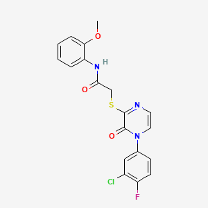 molecular formula C19H15ClFN3O3S B2650905 2-((4-(3-chloro-4-fluorophenyl)-3-oxo-3,4-dihydropyrazin-2-yl)thio)-N-(2-methoxyphenyl)acetamide CAS No. 899987-65-6