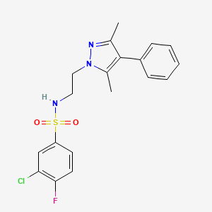 molecular formula C19H19ClFN3O2S B2650911 3-chloro-N-(2-(3,5-dimethyl-4-phenyl-1H-pyrazol-1-yl)ethyl)-4-fluorobenzenesulfonamide CAS No. 2034327-89-2