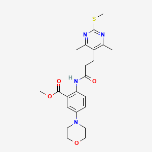 molecular formula C22H28N4O4S B2651031 Methyl 2-{3-[4,6-dimethyl-2-(methylsulfanyl)pyrimidin-5-yl]propanamido}-5-(morpholin-4-yl)benzoate CAS No. 1110917-49-1