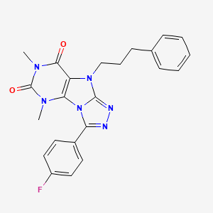 molecular formula C23H21FN6O2 B2651123 3-(4-fluorophenyl)-5,7-dimethyl-9-(3-phenylpropyl)-5H,6H,7H,8H,9H-[1,2,4]triazolo[3,4-h]purine-6,8-dione CAS No. 921560-97-6