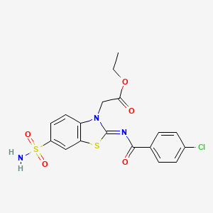 molecular formula C18H16ClN3O5S2 B2651189 ethyl 2-[(2Z)-2-[(4-chlorobenzoyl)imino]-6-sulfamoyl-2,3-dihydro-1,3-benzothiazol-3-yl]acetate CAS No. 865247-49-0
