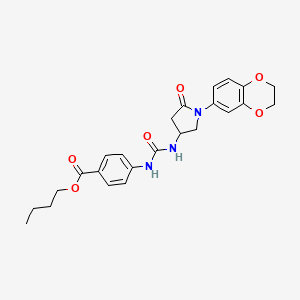 molecular formula C24H27N3O6 B2651350 Butyl 4-(3-(1-(2,3-dihydrobenzo[b][1,4]dioxin-6-yl)-5-oxopyrrolidin-3-yl)ureido)benzoate CAS No. 877641-02-6