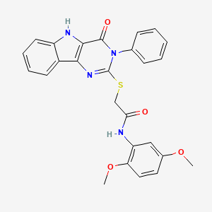 molecular formula C26H22N4O4S B2651456 N-(2,5-dimethoxyphenyl)-2-({4-oxo-3-phenyl-3H,4H,5H-pyrimido[5,4-b]indol-2-yl}sulfanyl)acetamide CAS No. 536703-93-2