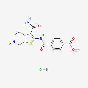 molecular formula C18H20ClN3O4S B2651499 Methyl 4-((3-carbamoyl-6-methyl-4,5,6,7-tetrahydrothieno[2,3-c]pyridin-2-yl)carbamoyl)benzoate hydrochloride CAS No. 1215552-97-8