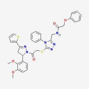 molecular formula C34H32N6O5S2 B2651500 N-((5-((2-(5-(2,3-dimethoxyphenyl)-3-(thiophen-2-yl)-4,5-dihydro-1H-pyrazol-1-yl)-2-oxoethyl)thio)-4-phenyl-4H-1,2,4-triazol-3-yl)methyl)-2-phenoxyacetamide CAS No. 393585-04-1