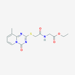 molecular formula C14H16N4O4S B2651546 ethyl 2-[2-({9-methyl-4-oxo-4H-pyrido[1,2-a][1,3,5]triazin-2-yl}sulfanyl)acetamido]acetate CAS No. 896342-01-1